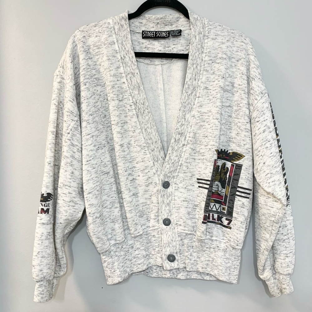 VINTAGE Secret Scenes 60s Mens Vneck Button Up Sweater Grey Cardigan MD Graphic